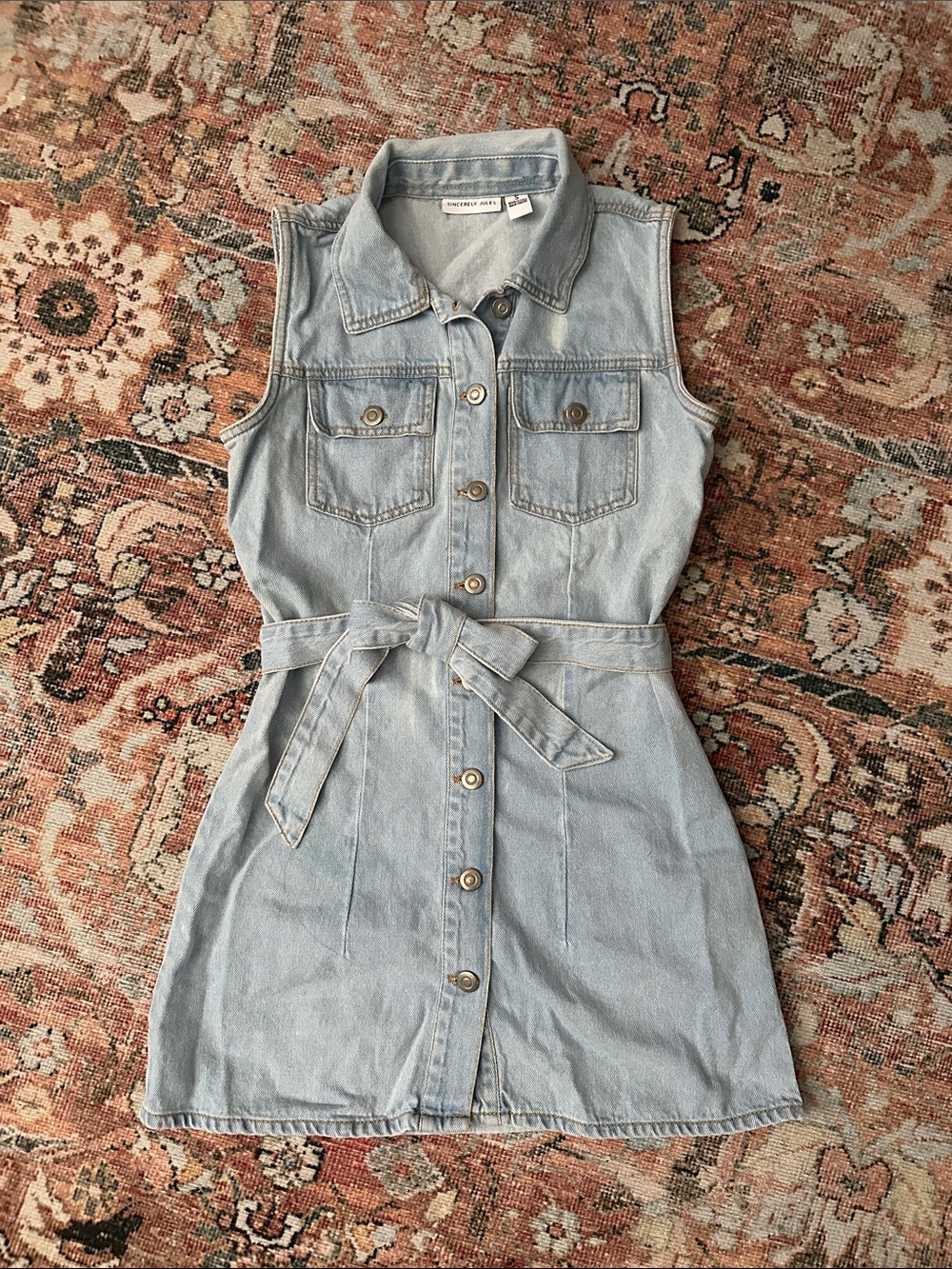 Sincerely Jules Sleeveless Light Wash Denim Shirt Dress with Tie Waist Size Smal